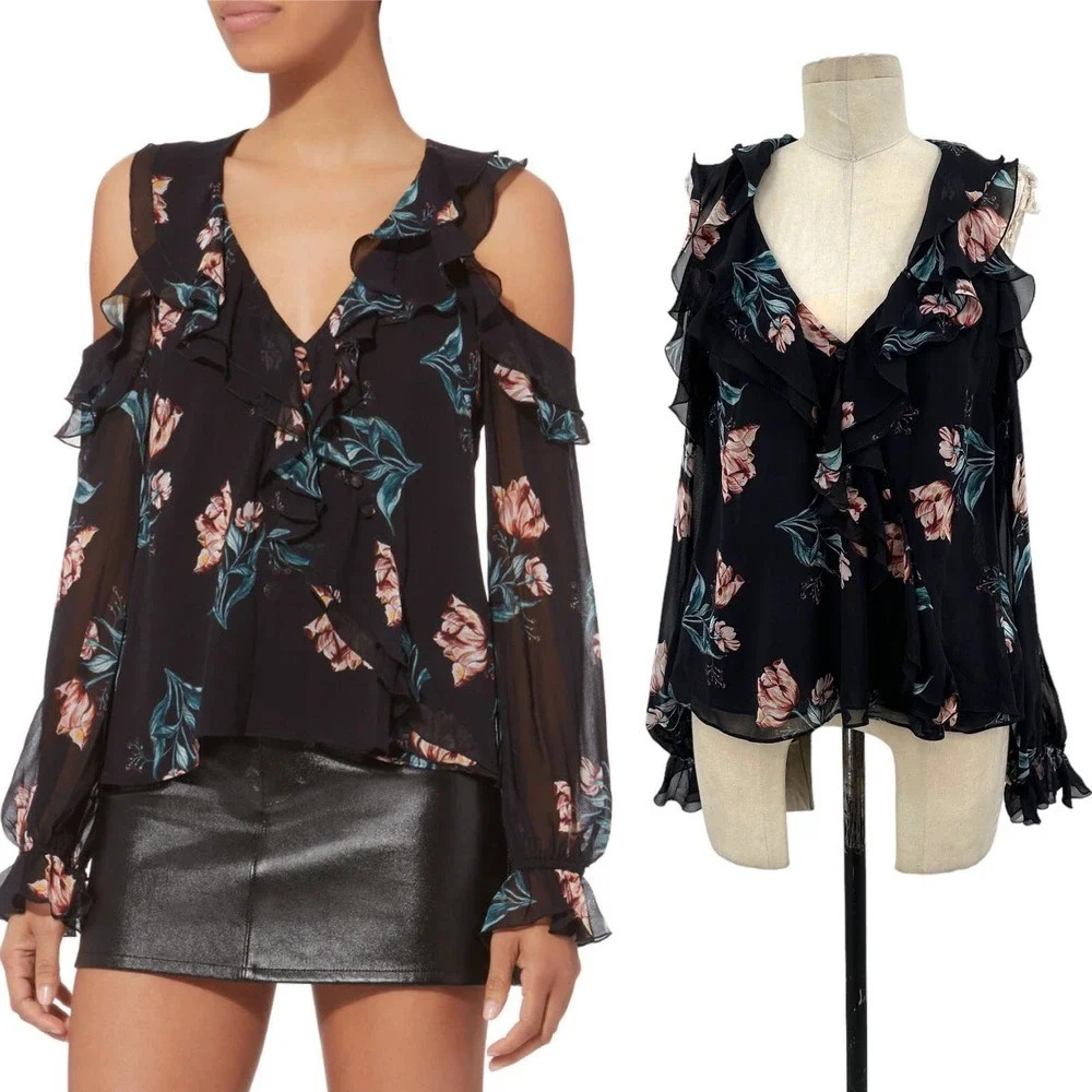 NICHOLAS Piper Floral Cold Shoulder Blouse‎ Floral Print Black Size US 4